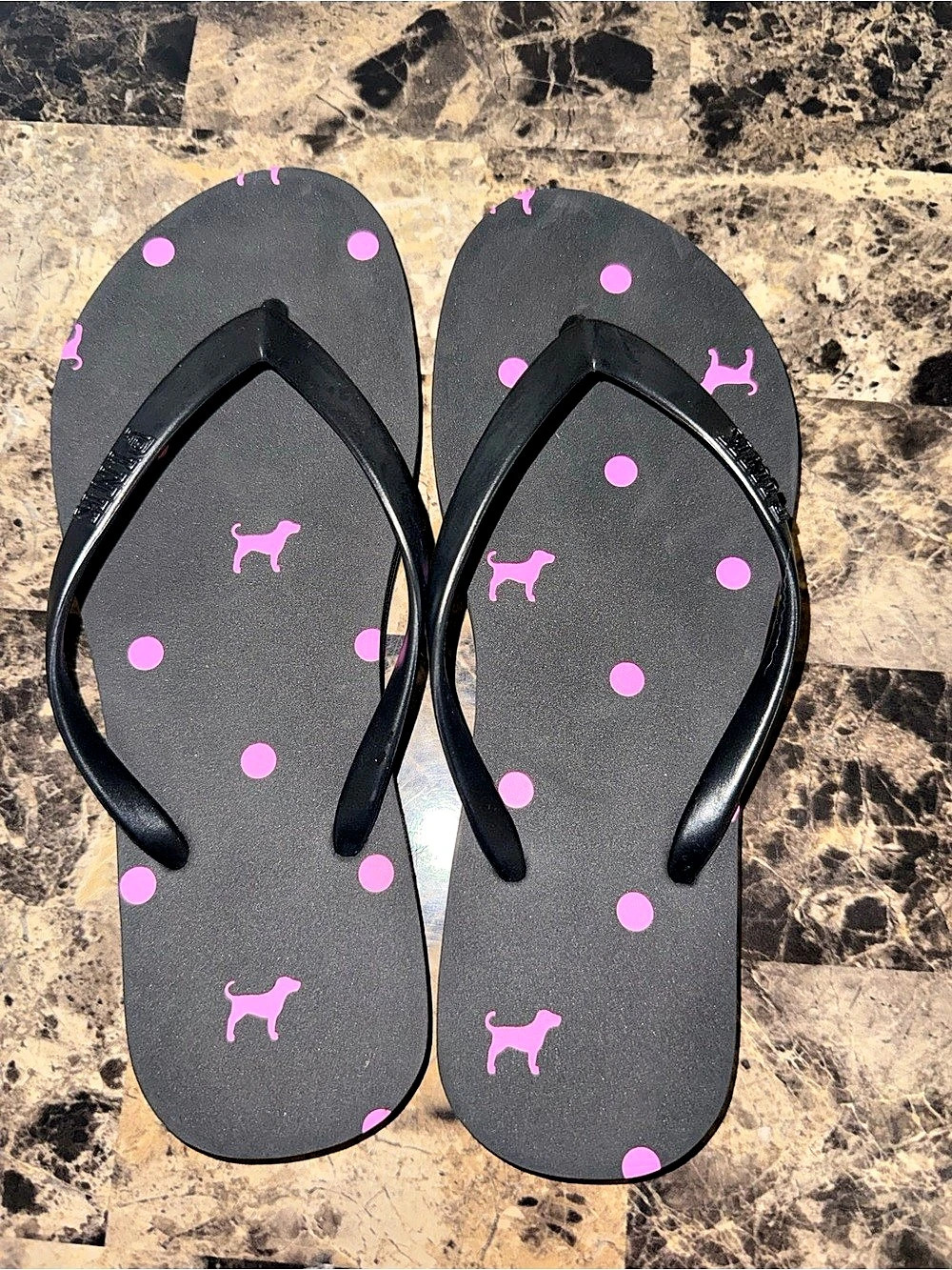PINK Victoria's Secret Black & Pink Dog Print Flip Flops